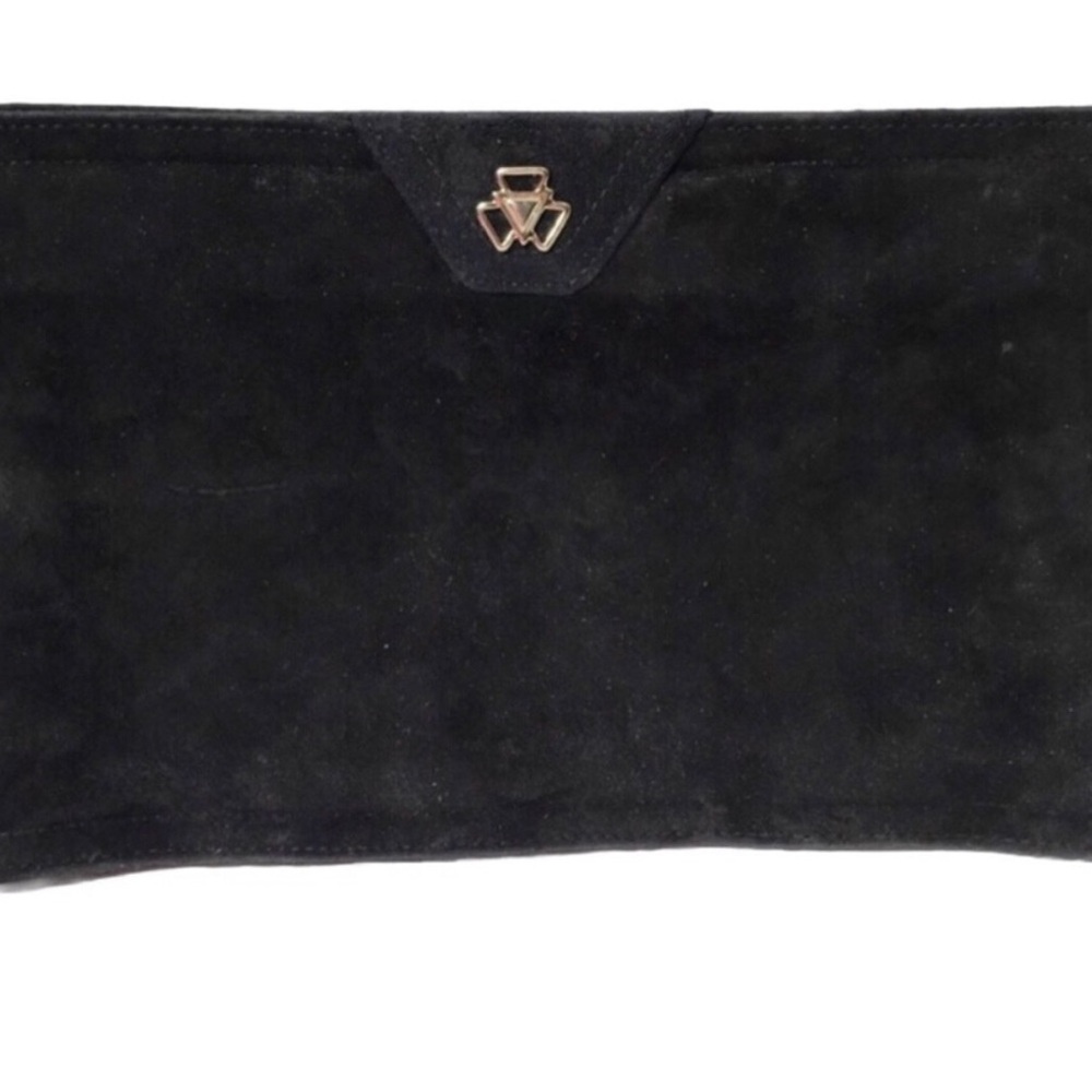 Clemente vintage suede leather black and gold clutch.